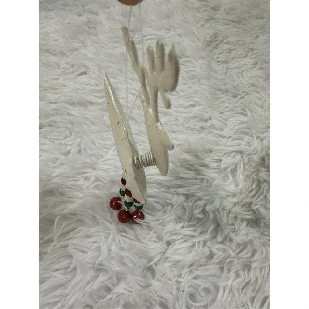 Vintage Pier 1 White Glitter Reindeer Bobble Head Red And White Dangle Legs